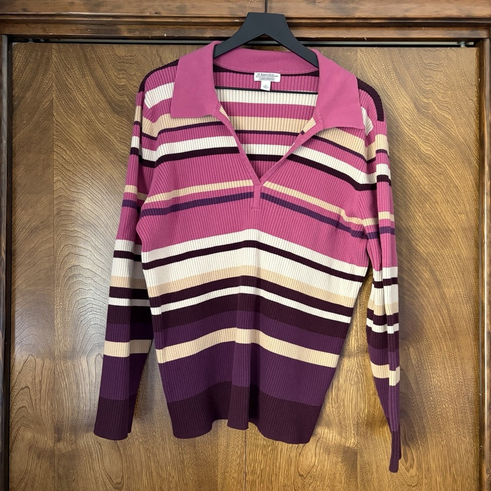 VTG 2X Womens St Johns Bay Ribbed Striped Sweater Long Sleeve Y2K 90s Polo VNeck